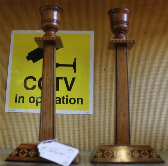 Pair Tunbridge ware candlesticks